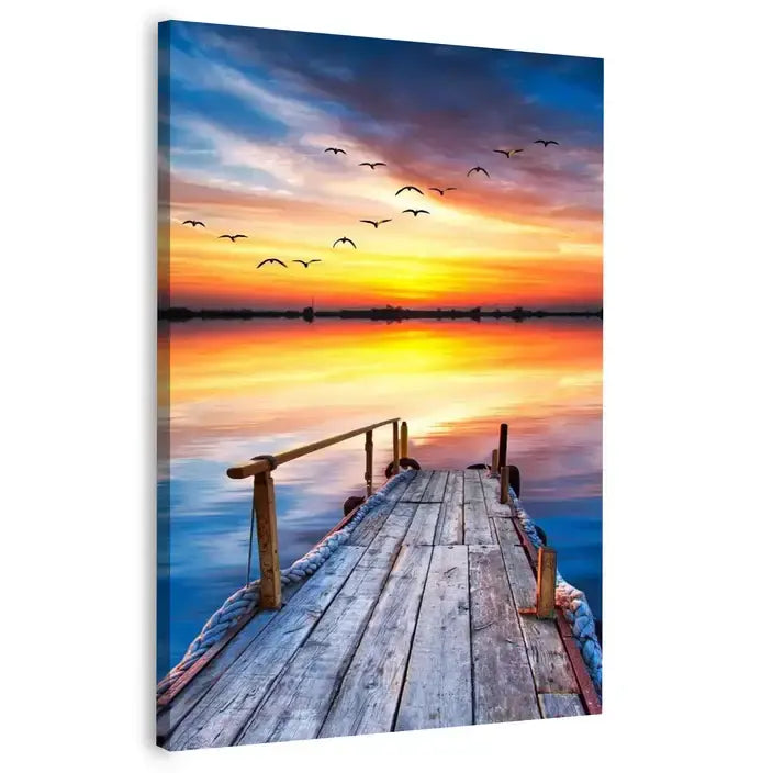 Dock with Seagulls at Sunset Canvas Frames Wall Art