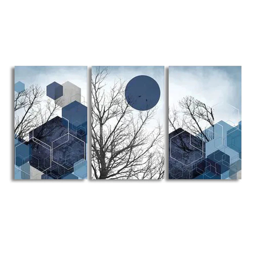 Navy Grey Silver Geometric Art (3Panel) Wall Art