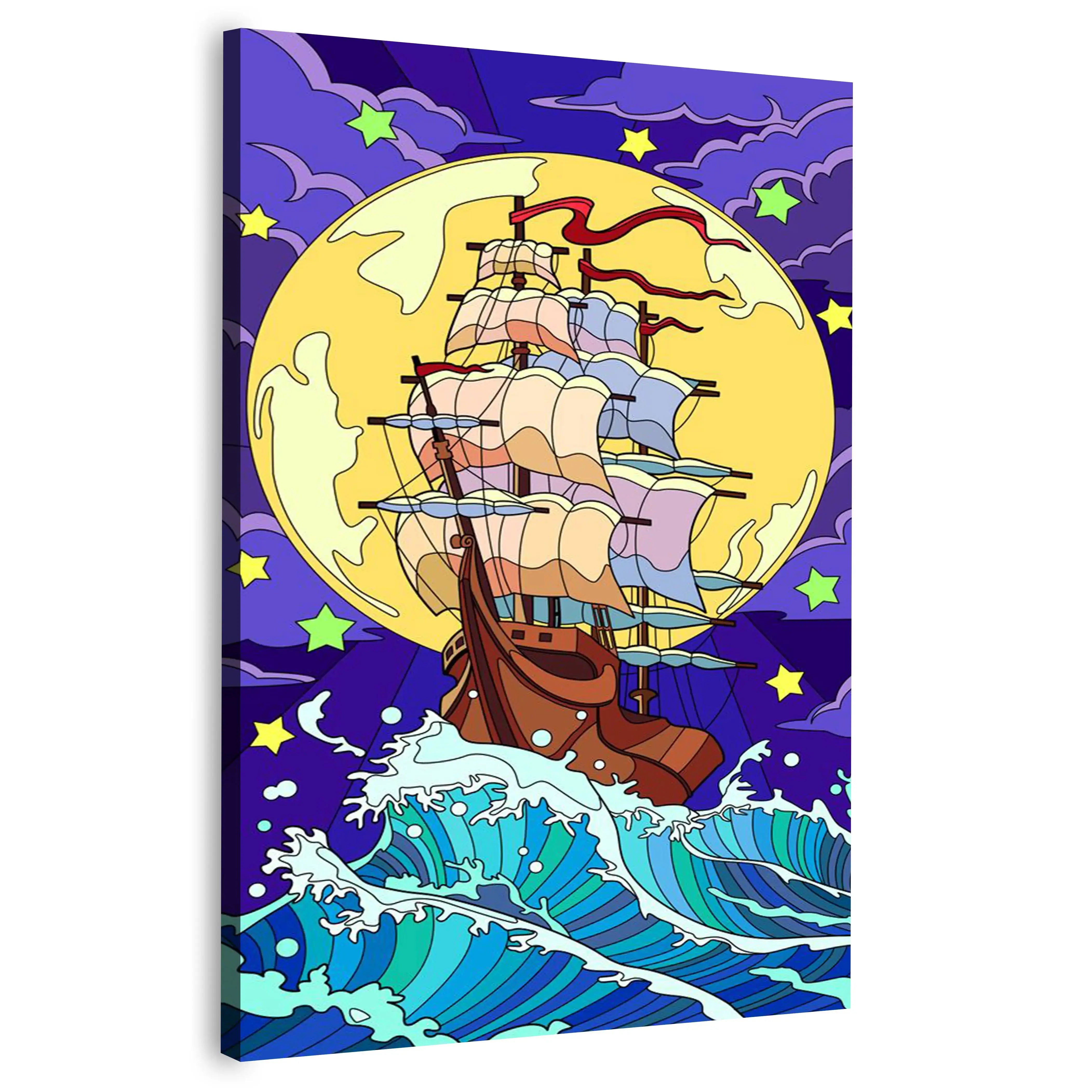 Premium Canvas Ship With Sails on Blue Wave Wall Art