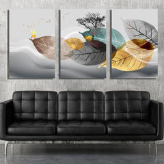 Abstract Grey Gold Blue Leaves (3panel) Wall Art