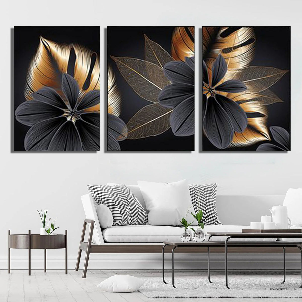 Black Golden Plant Leaf (3Panel) Wall Art