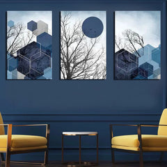 Navy Grey Silver Geometric Art (3Panel) Wall Art